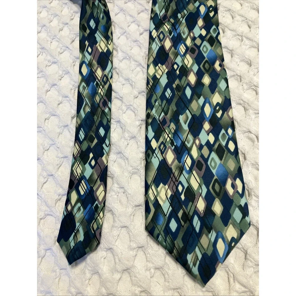 J. Garcia Mens Necktie Blue Green Geometric Diamond‎ Silk Art Series Tie 60 Inch
